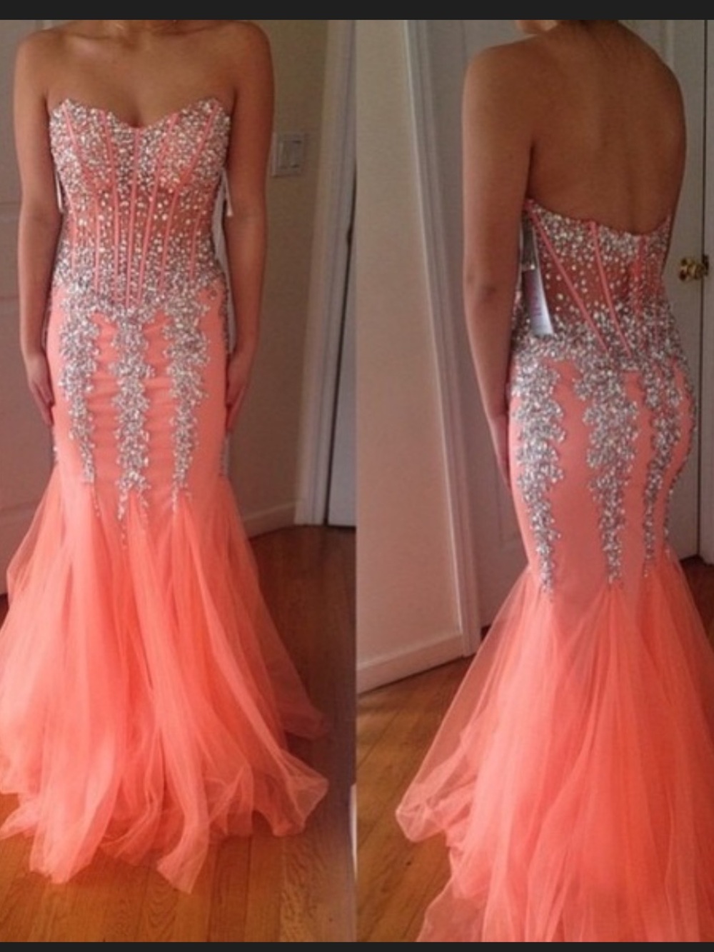Jovani Coral-Peach Beaded Mermaid Gown